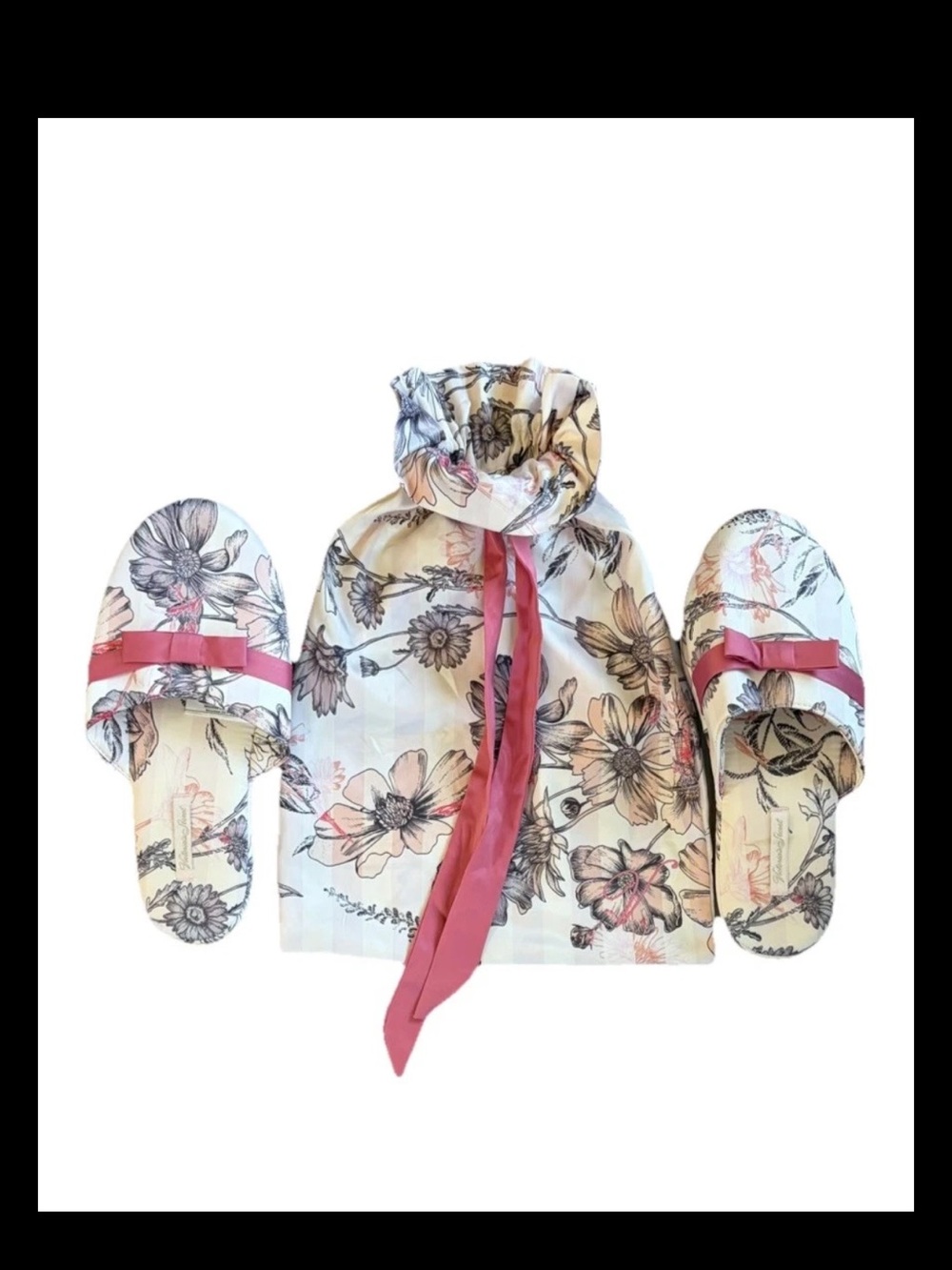 Victoria Secret House Slippers & Floral Drawstring Pouch Small New Great Gift